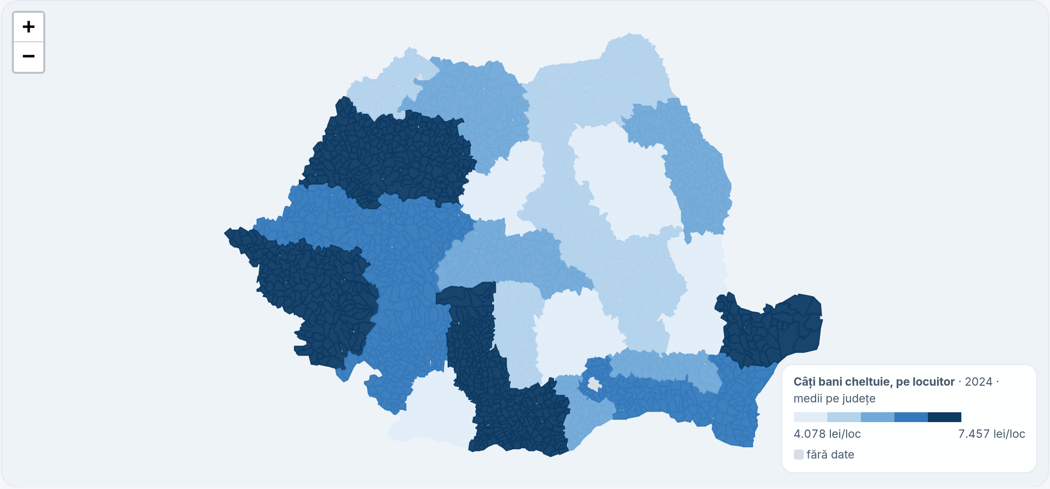Harta României cu județele colorate după cheltuielile pe locuitor